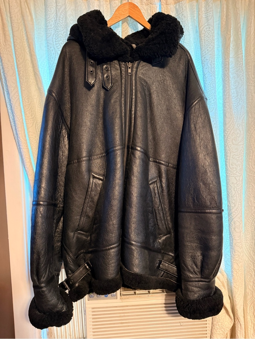 Men's Black Shearling-Trim Bomber Jacket